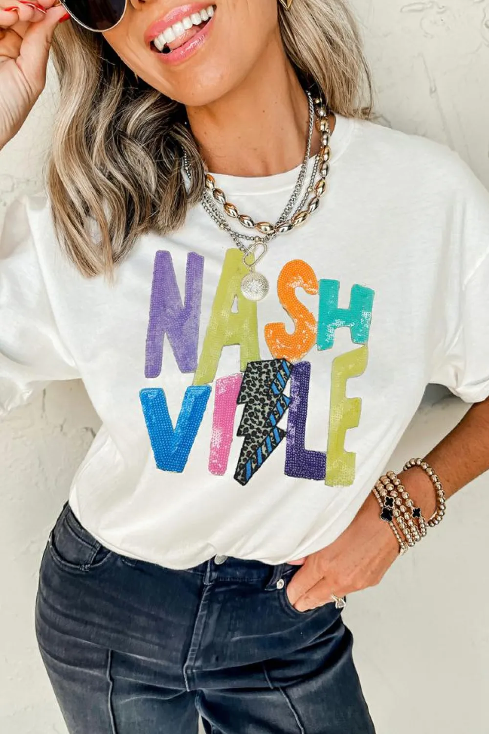 Outlet Dear-Lover Lightening NASHVILLE Graphic Crewneck T Shirt White