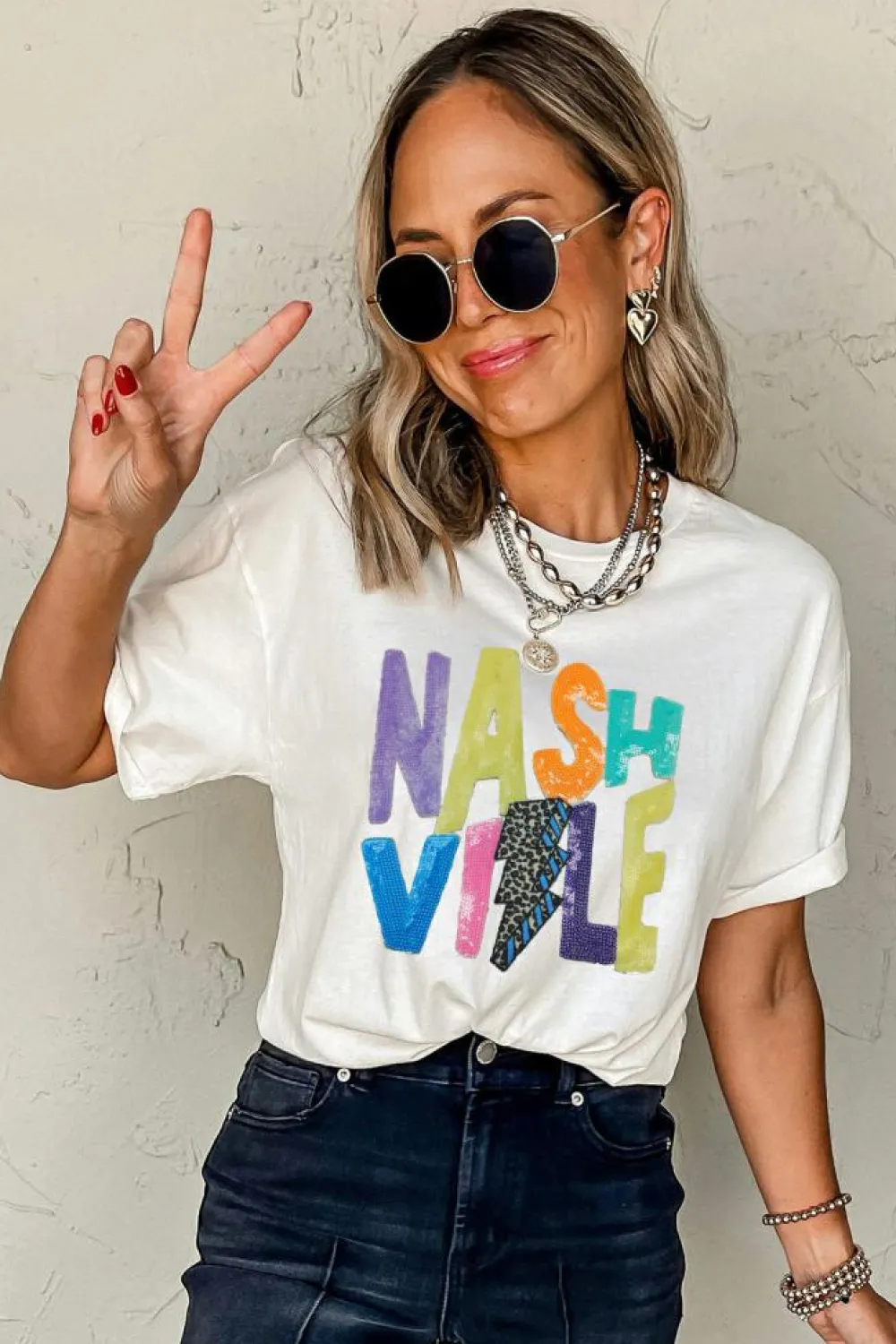 Outlet Dear-Lover Lightening NASHVILLE Graphic Crewneck T Shirt White
