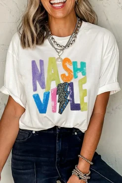 Outlet Dear-Lover Lightening NASHVILLE Graphic Crewneck T Shirt White