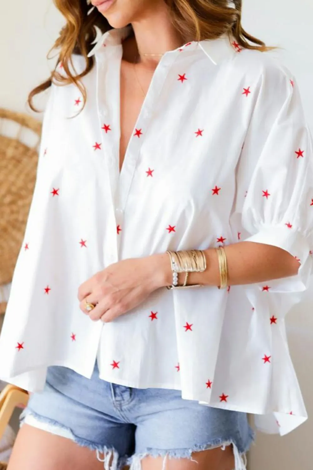 Online Dear-Lover Little Stars Printed Loose Half Sleeve Loose Shirt White