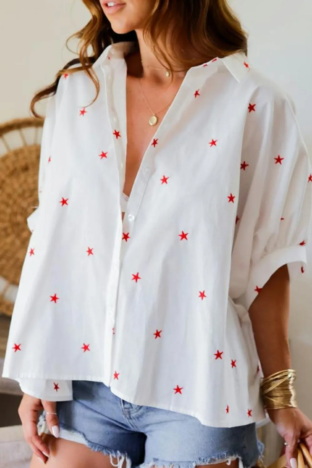 Online Dear-Lover Little Stars Printed Loose Half Sleeve Loose Shirt White