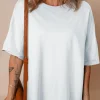 Discount Dear-Lover Loose Half Sleeve Hi Low Hem T Shirt White