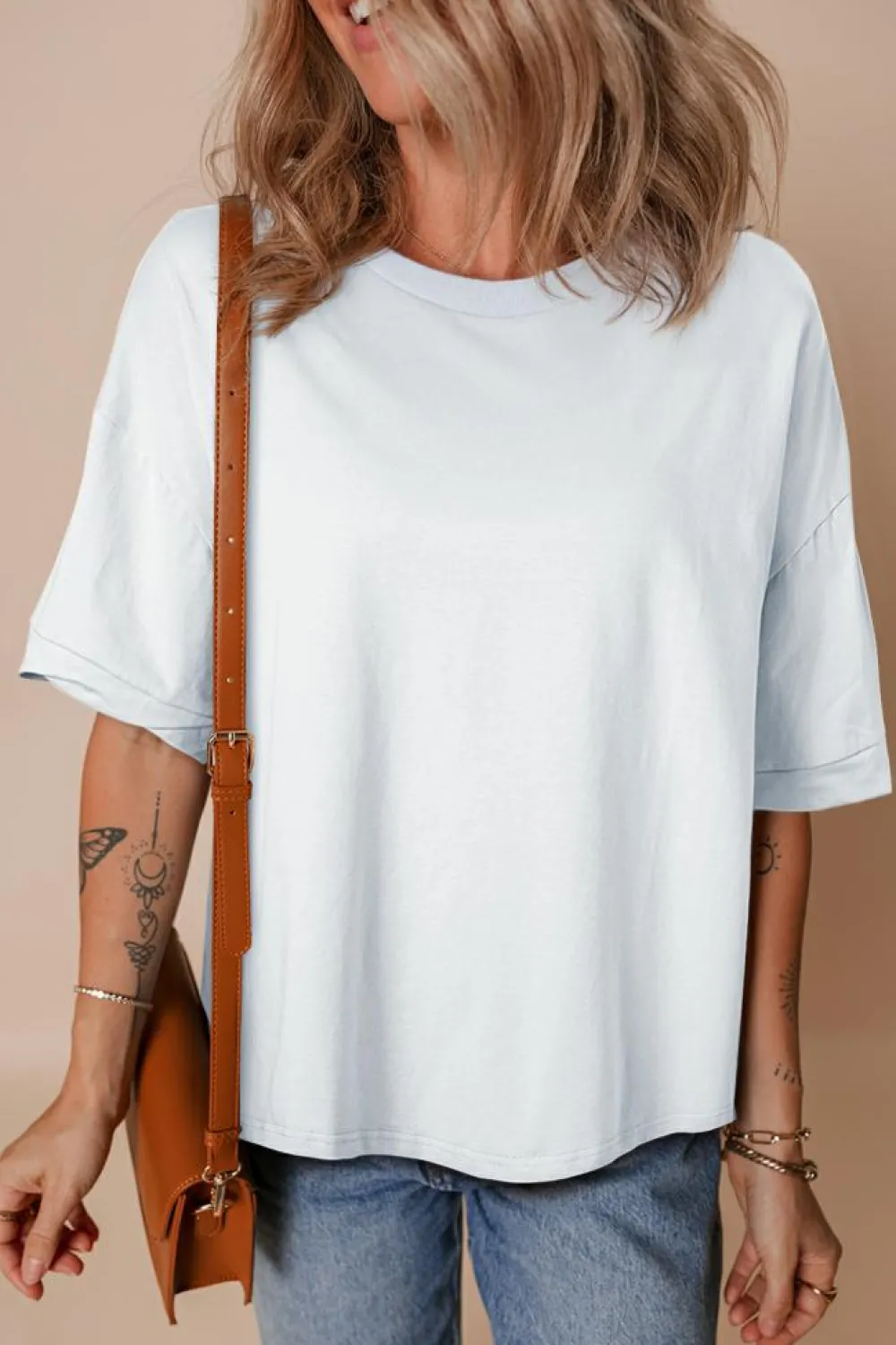 Discount Dear-Lover Loose Half Sleeve Hi Low Hem T Shirt White