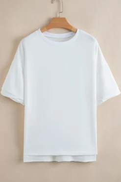 Discount Dear-Lover Loose Half Sleeve Hi Low Hem T Shirt White
