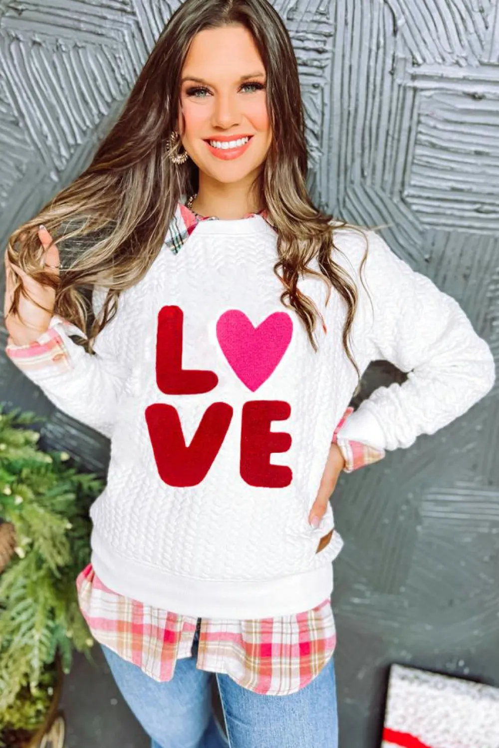 Clearance Dear-Lover LOVE Chenille Embroidered Cable Knit Pullover Sweatshirt White