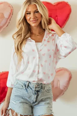 Outlet Dear-Lover Love Heart Print Drop Shoulder Puff Sleeve Shirt White