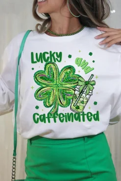New Dear-Lover Lucky and Caffeinated Clover Graphic St Patrick Tee White