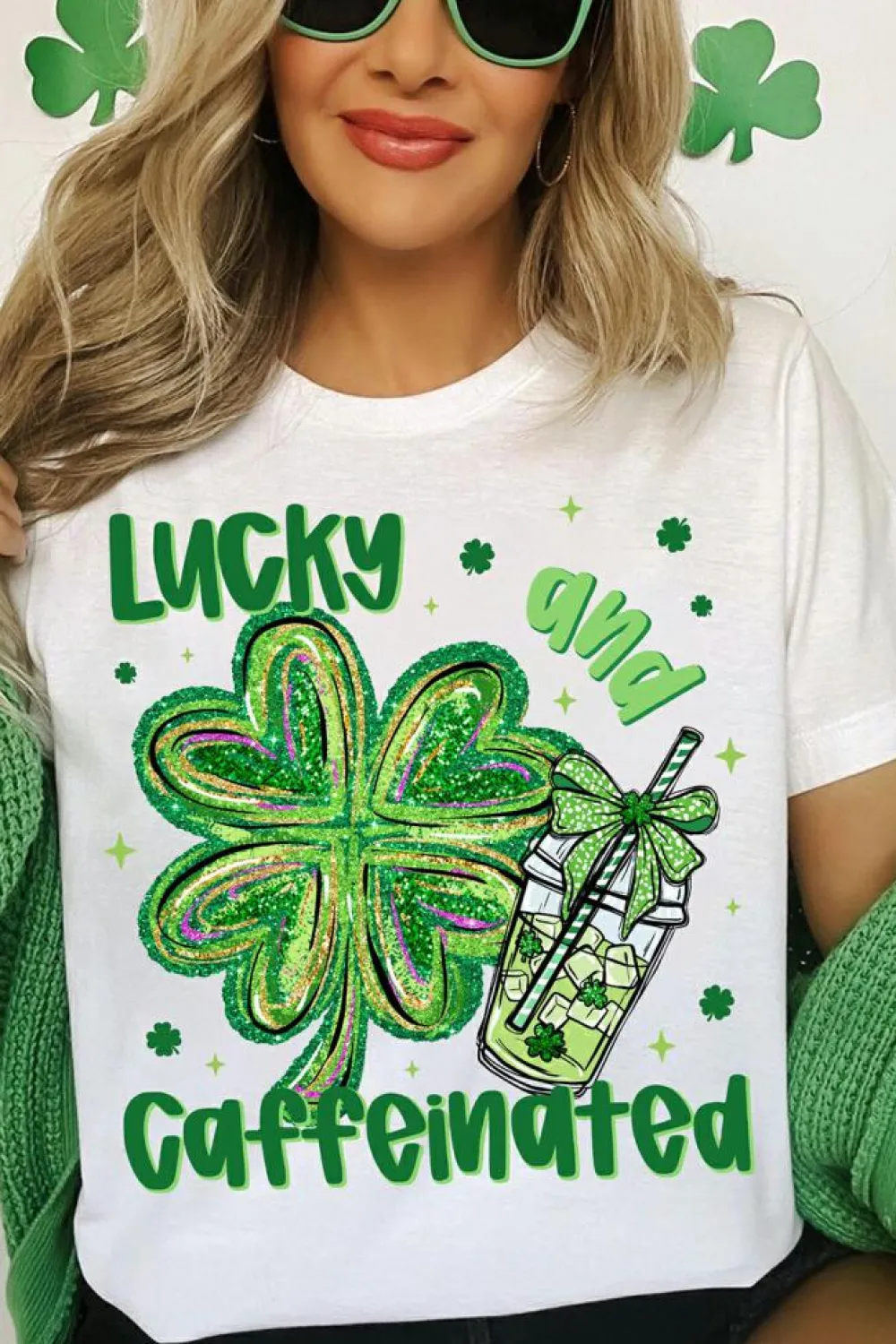 New Dear-Lover Lucky and Caffeinated Clover Graphic St Patrick Tee White