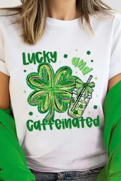 New Dear-Lover Lucky and Caffeinated Clover Graphic St Patrick Tee White