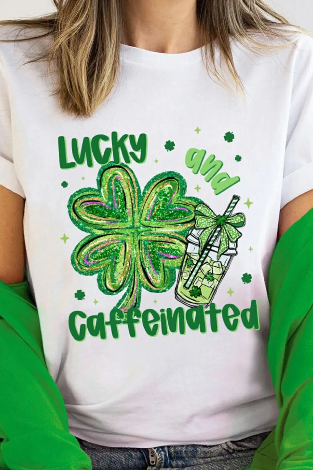 New Dear-Lover Lucky and Caffeinated Clover Graphic St Patrick Tee White