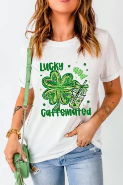 New Dear-Lover Lucky and Caffeinated Clover Graphic St Patrick Tee White