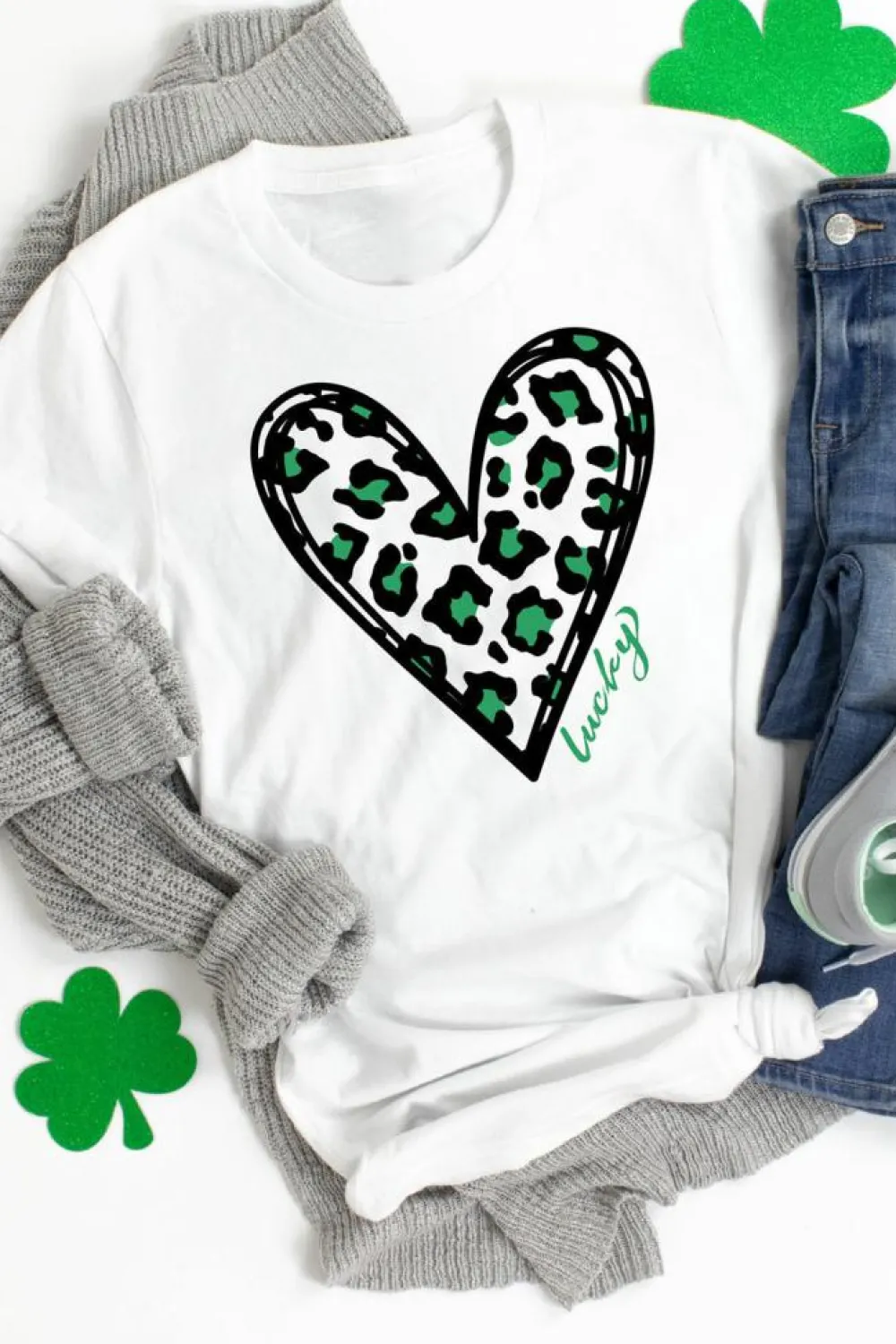Discount Dear-Lover Lucky Leopard Heart Print St Patricks Day T Shirt White