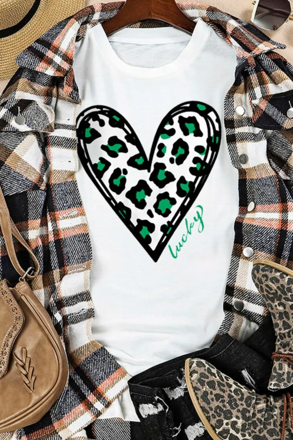 Discount Dear-Lover Lucky Leopard Heart Print St Patricks Day T Shirt White