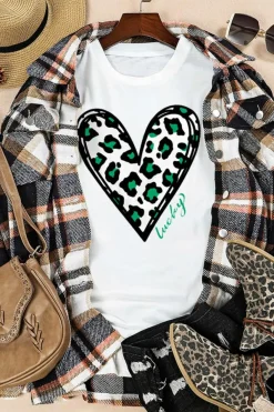 Discount Dear-Lover Lucky Leopard Heart Print St Patricks Day T Shirt White