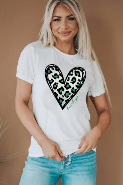 Discount Dear-Lover Lucky Leopard Heart Print St Patricks Day T Shirt White
