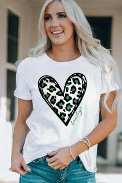 Discount Dear-Lover Lucky Leopard Heart Print St Patricks Day T Shirt White