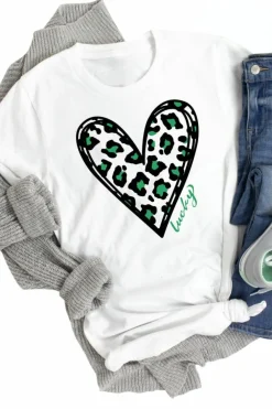 Discount Dear-Lover Lucky Leopard Heart Print St Patricks Day T Shirt White