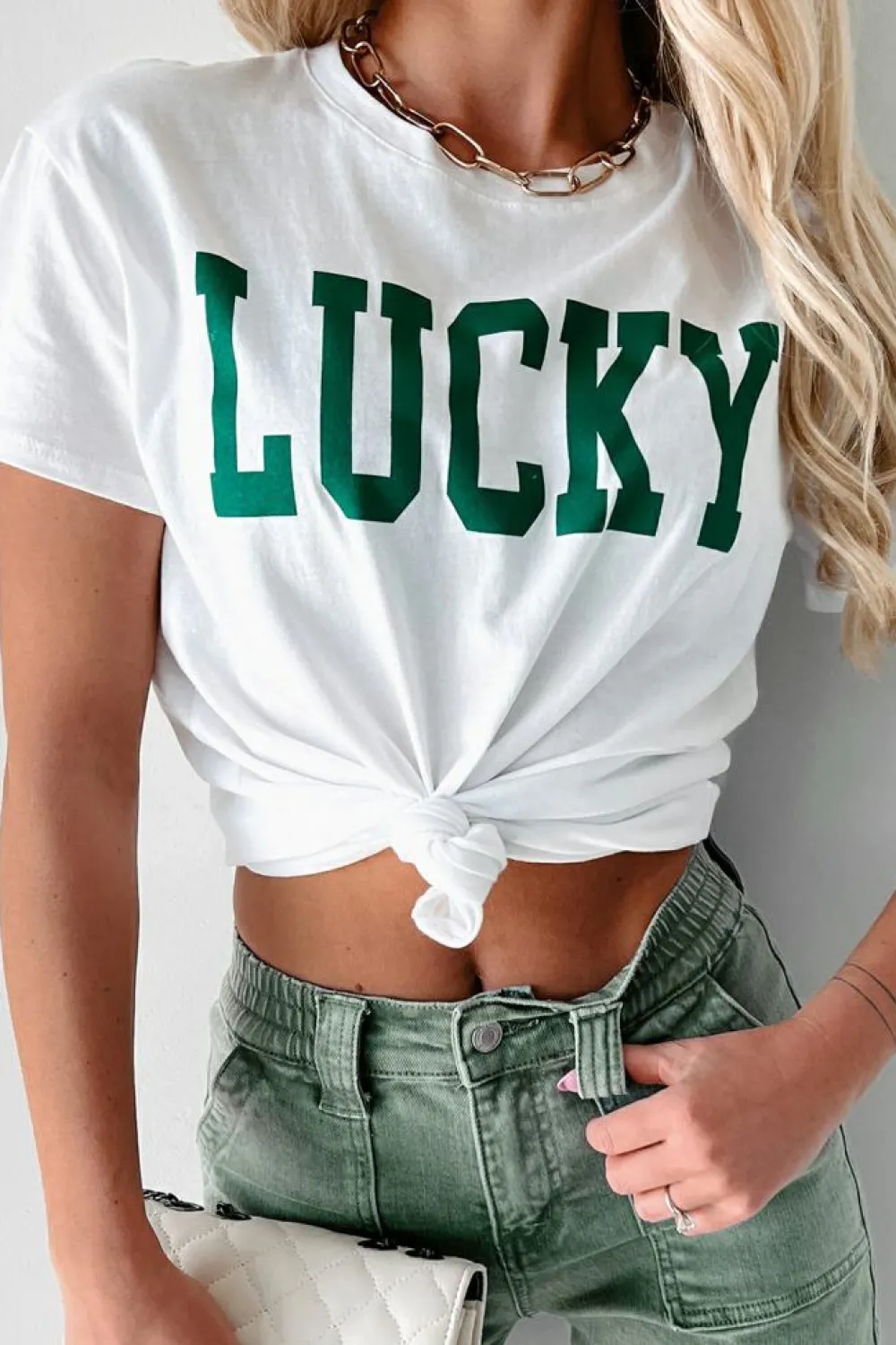 New Dear-Lover LUCKY Printed Round Neck St Patricks T Shirt White