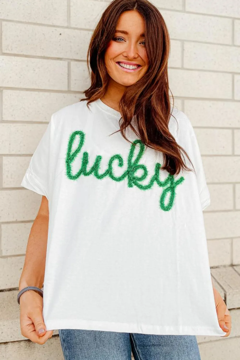 New Dear-Lover Lucky Tinsel Graphic St Patrick Fashion Tee White