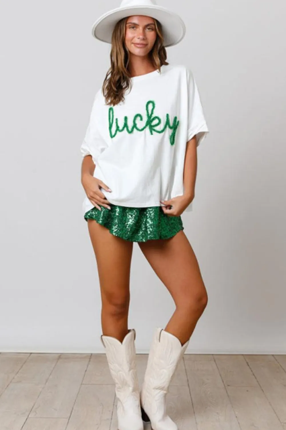 New Dear-Lover Lucky Tinsel Graphic St Patrick Fashion Tee White