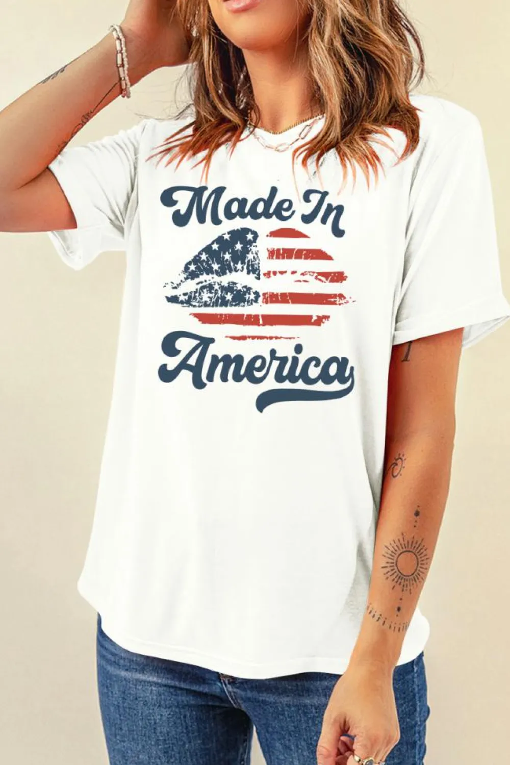 Clearance Dear-Lover Made in America Lip Printed O Neck T Shirt White