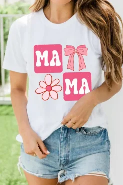 Sale Dear-Lover MAMA Bow Flower Print Crewneck T Shirt White
