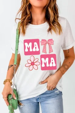 Sale Dear-Lover MAMA Bow Flower Print Crewneck T Shirt White