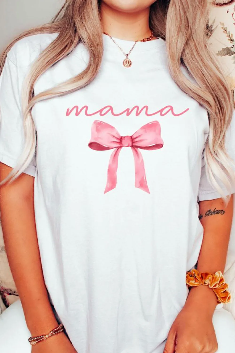 Fashion Dear-Lover MAMA Bowknot Graphic Crewneck Tee White