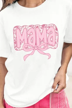 Fashion Dear-Lover MaMa Bowknot Graphic Crewneck Mothers Day T Shirt White