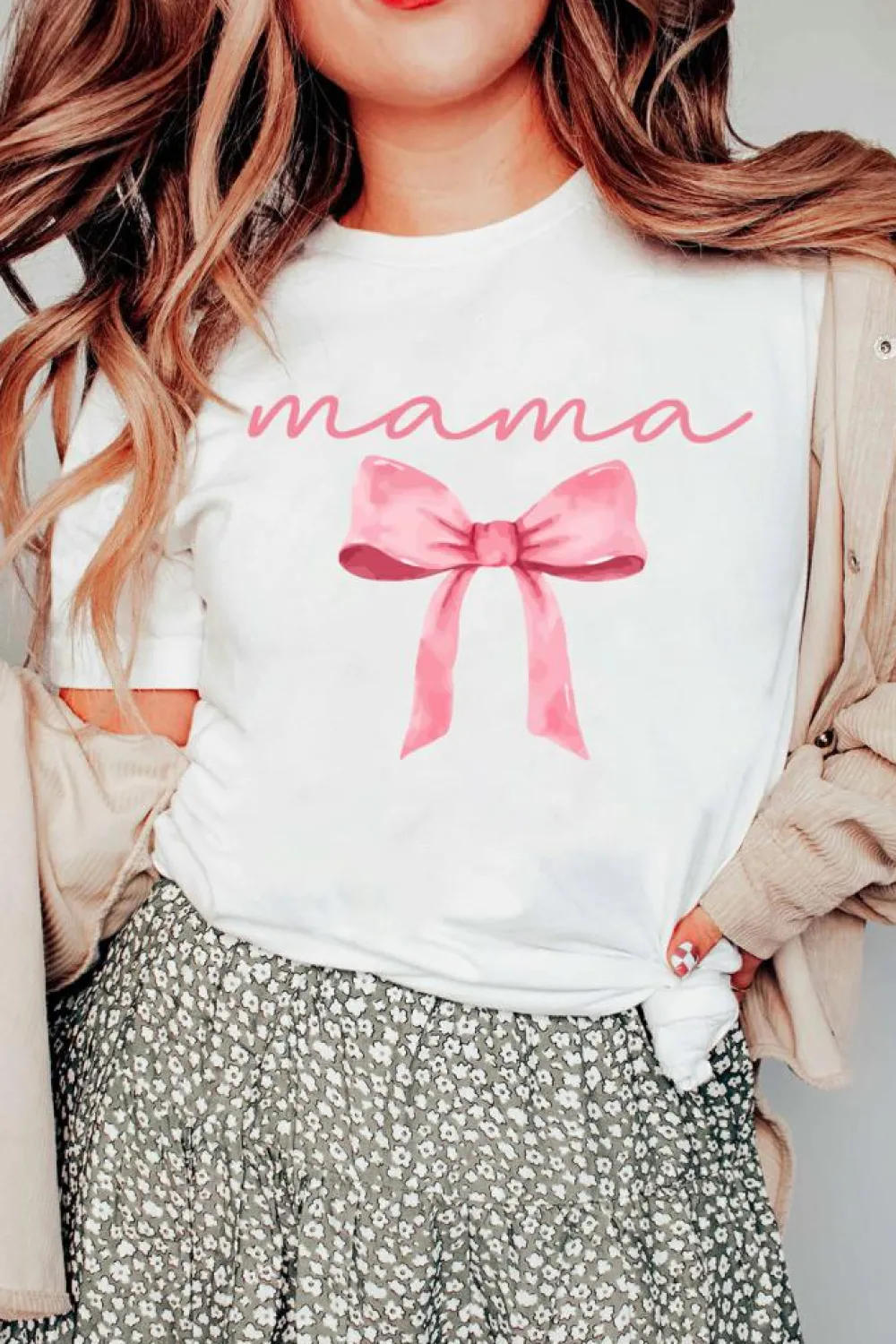 Fashion Dear-Lover MAMA Bowknot Graphic Crewneck Tee White
