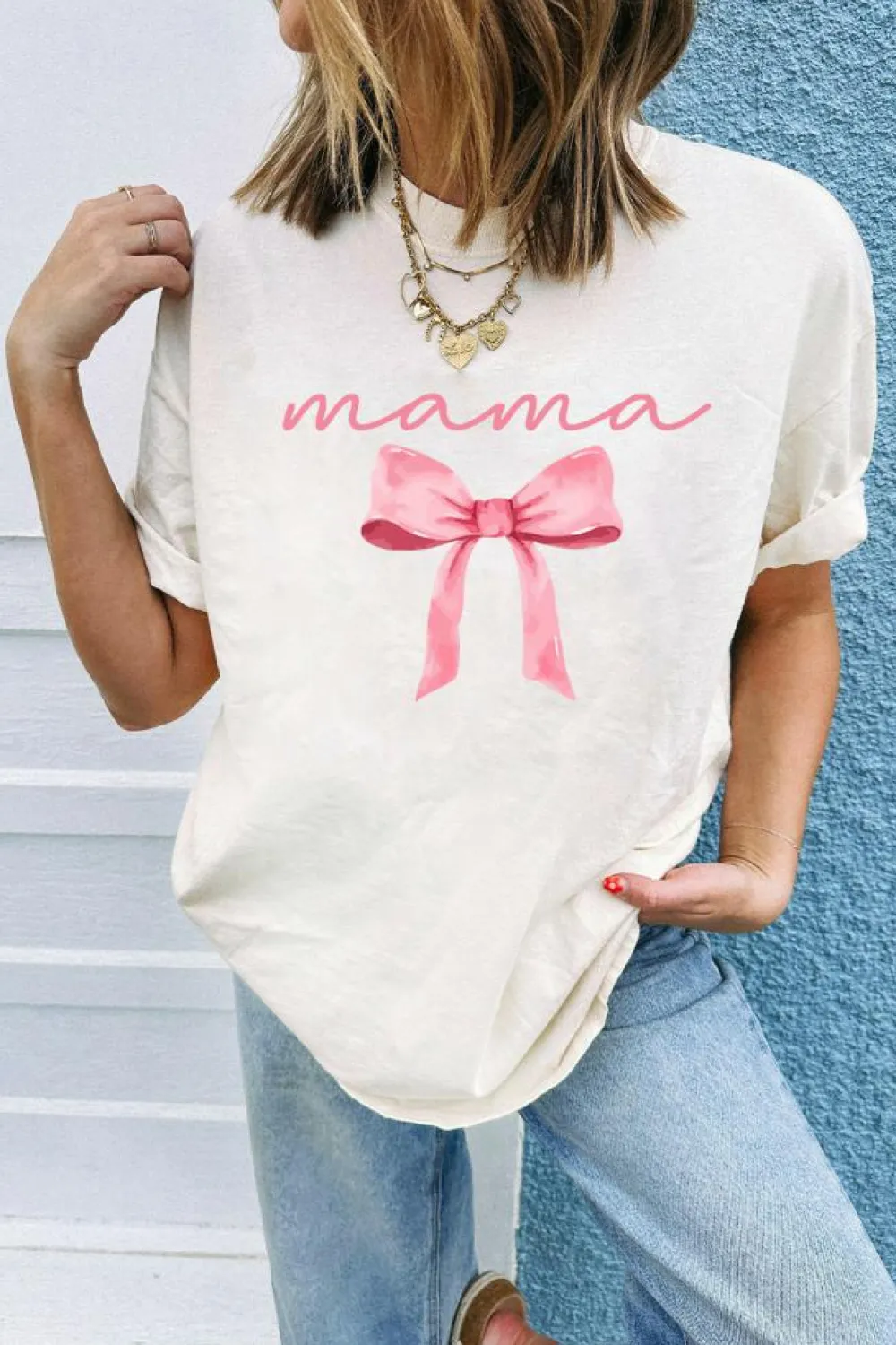 Fashion Dear-Lover MAMA Bowknot Graphic Crewneck Tee White