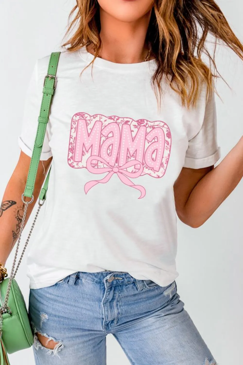 Fashion Dear-Lover MaMa Bowknot Graphic Crewneck Mothers Day T Shirt White