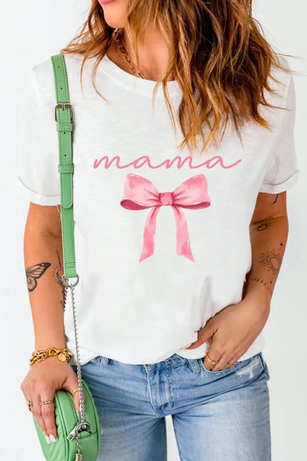 Fashion Dear-Lover MAMA Bowknot Graphic Crewneck Tee White