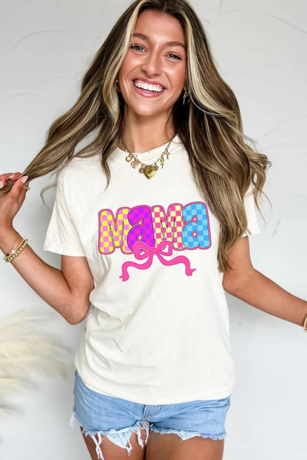 Clearance Dear-Lover MAMA Checkered Bow Knot Print Crewneck T Shirt White