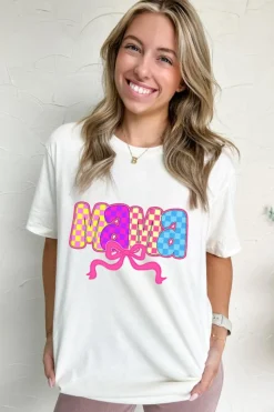 Clearance Dear-Lover MAMA Checkered Bow Knot Print Crewneck T Shirt White