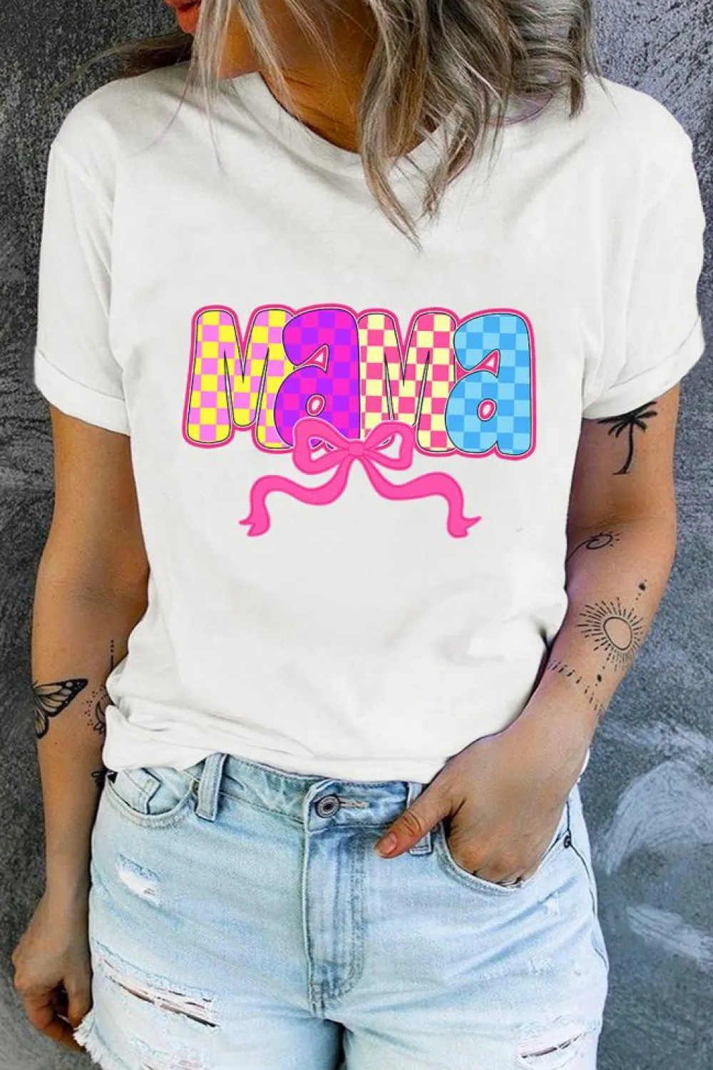 Clearance Dear-Lover MAMA Checkered Bow Knot Print Crewneck T Shirt White