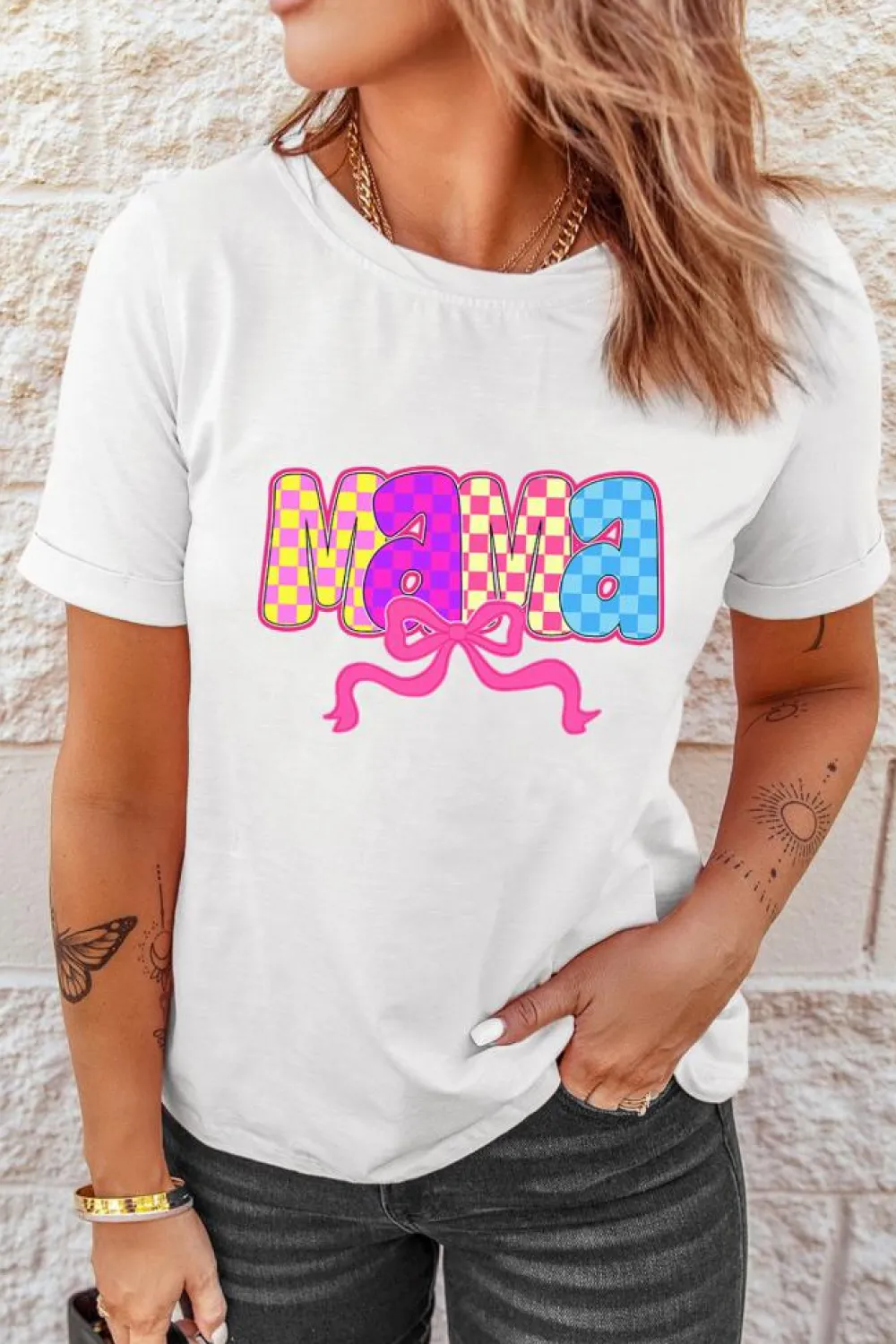 Clearance Dear-Lover MAMA Checkered Bow Knot Print Crewneck T Shirt White