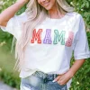 Fashion Dear-Lover MAMA Chenille Patched Crew Neck T Shirt White