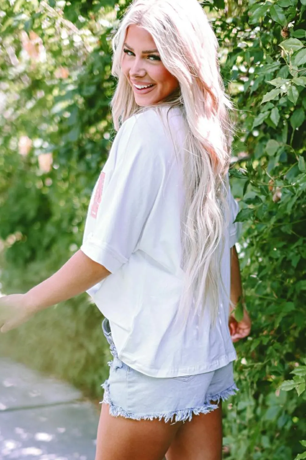 Fashion Dear-Lover MAMA Chenille Patched Crew Neck T Shirt White