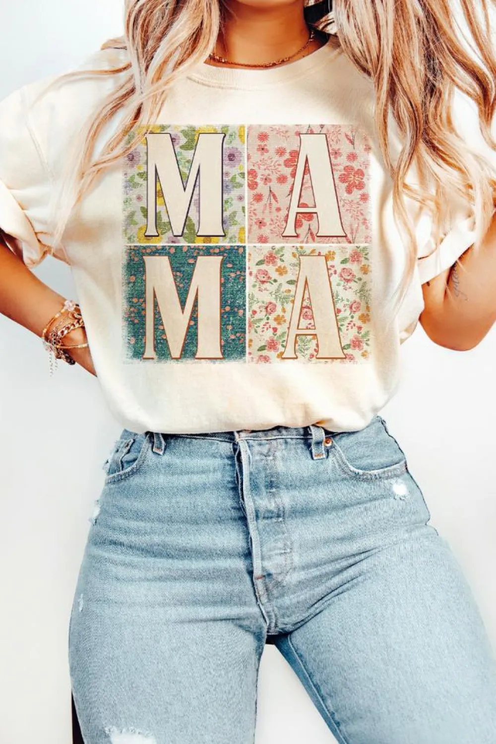 Discount Dear-Lover MAMA Floral Block Graphic Casual T Shirt White