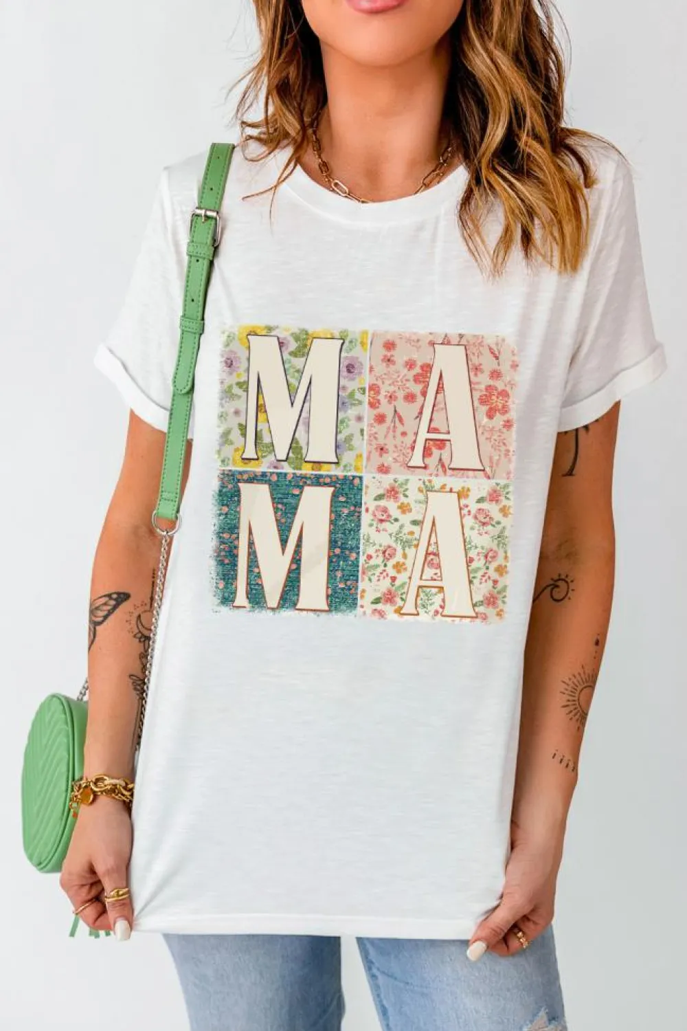Discount Dear-Lover MAMA Floral Block Graphic Casual T Shirt White
