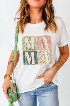 Discount Dear-Lover MAMA Floral Block Graphic Casual T Shirt White