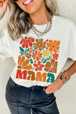 Best Dear-Lover MAMA Flower Graphic Crewneck Tee White