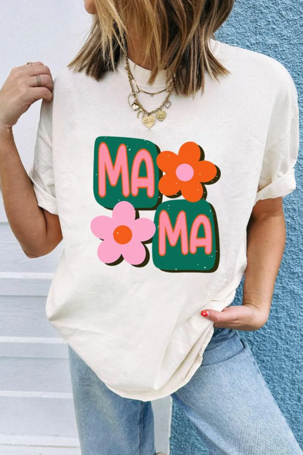 Discount Dear-Lover MAMA Flower Graphic Crewneck Tee White