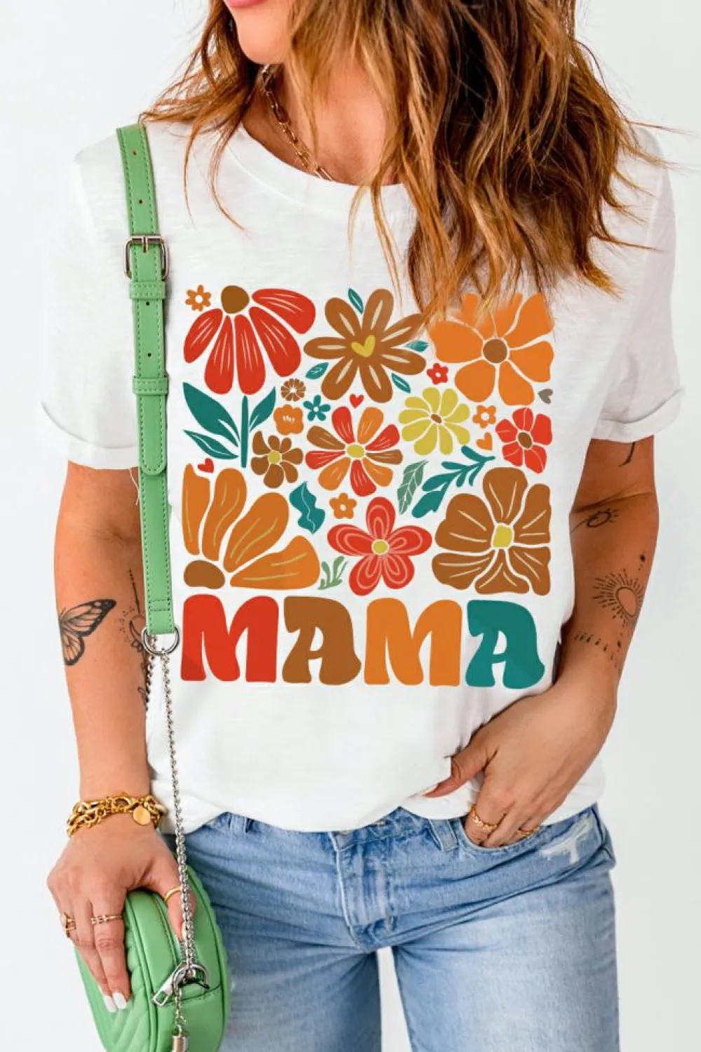 Best Dear-Lover MAMA Flower Graphic Crewneck Tee White