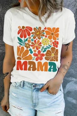 Best Dear-Lover MAMA Flower Graphic Crewneck Tee White