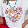 Clearance Dear-Lover MAMA Flower Heart Cotton Blend Graphic Tee White