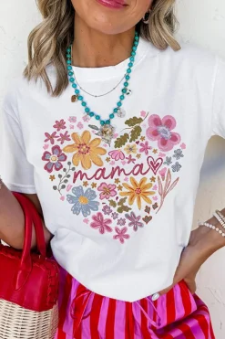 Clearance Dear-Lover MAMA Flower Heart Cotton Blend Graphic Tee White