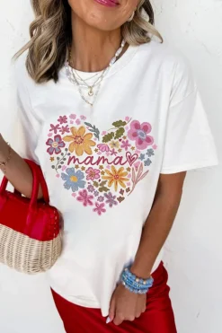 Clearance Dear-Lover MAMA Flower Heart Cotton Blend Graphic Tee White