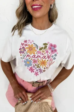 Clearance Dear-Lover MAMA Flower Heart Cotton Blend Graphic Tee White